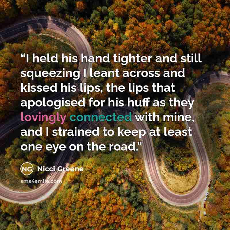 “I held his hand tighter and still squeezing I leant across and kissed his lips, the lips that apologised for his huff as they lovingly connected with mine, and I strained to keep at least one eye on the road.” quote by Nicci Greene