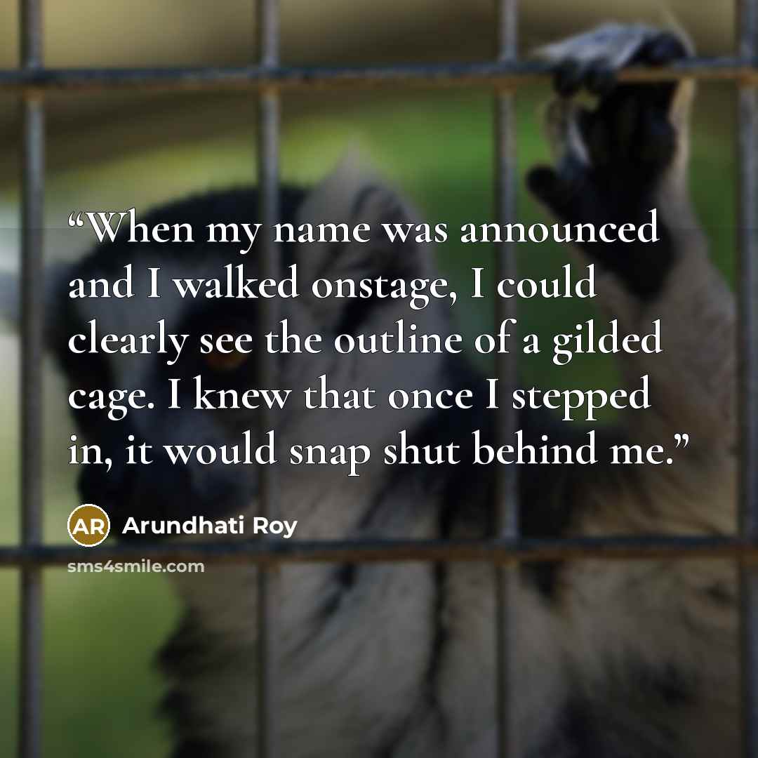 “When my name was announced and I walked onstage, I could clearly see the outline of a gilded cage. I knew that once I stepped in, it would snap shut behind me.” quote by Arundhati Roy