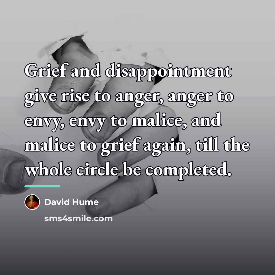 “Grief and disappointment give rise to anger, anger to envy,…” quote by David Hume