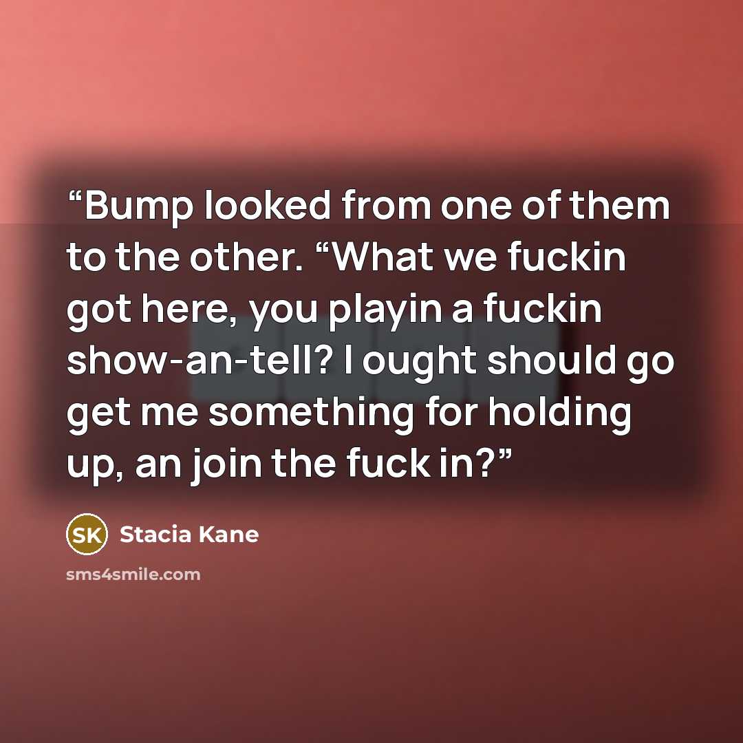 “Bump looked from one of them to the other. “What we fuckin got here, you playin a fuckin show-an-tell? I ought should go get me something for holding up, an join the fuck in?” quote by Stacia Kane