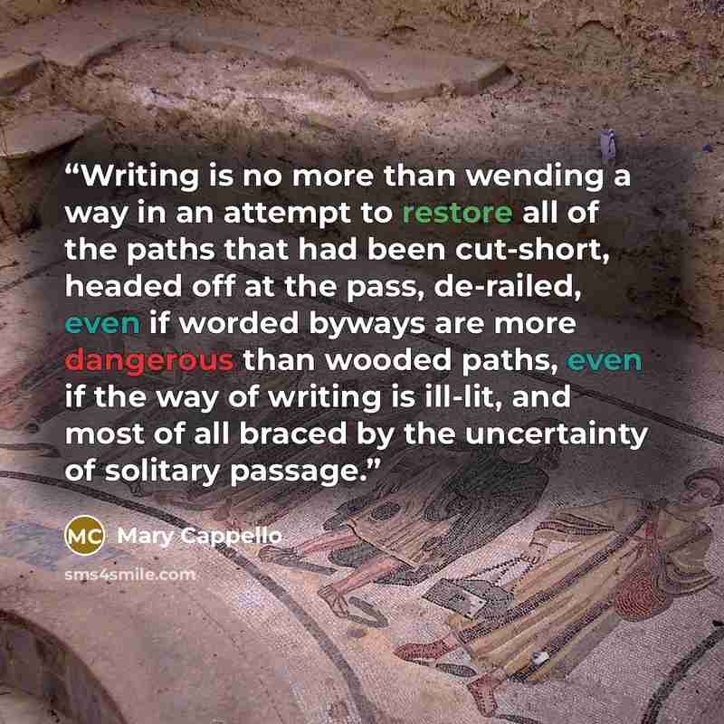 “Writing is no more than wending a way in an attempt to restore all of the paths that had been cut-short, headed off at the pass, de-railed, even if worded byways are more dangerous than wooded paths, even if the way of writing is ill-lit, and most of all braced by the uncertainty of solitary…” quote by Mary Cappello