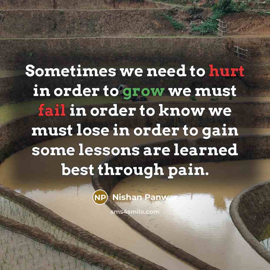 “Sometimes we need to hurt in order to grow we must fail in order to know we must lose in order to gain some lessons are learned best through pain.” quote by Nishan Panwar