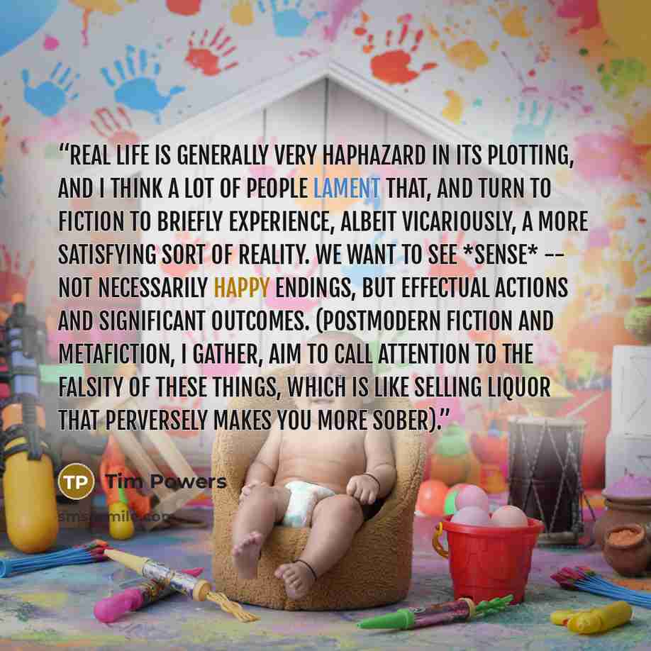 “Real life is generally very haphazard in its plotting, and I think a lot of people lament that, and turn to fiction to briefly experience, albeit vicariously, a more satisfying sort of reality. We want to see *sense* -- not necessarily happy endings, but effectual actions and significant outcomes…” quote by Tim Powers