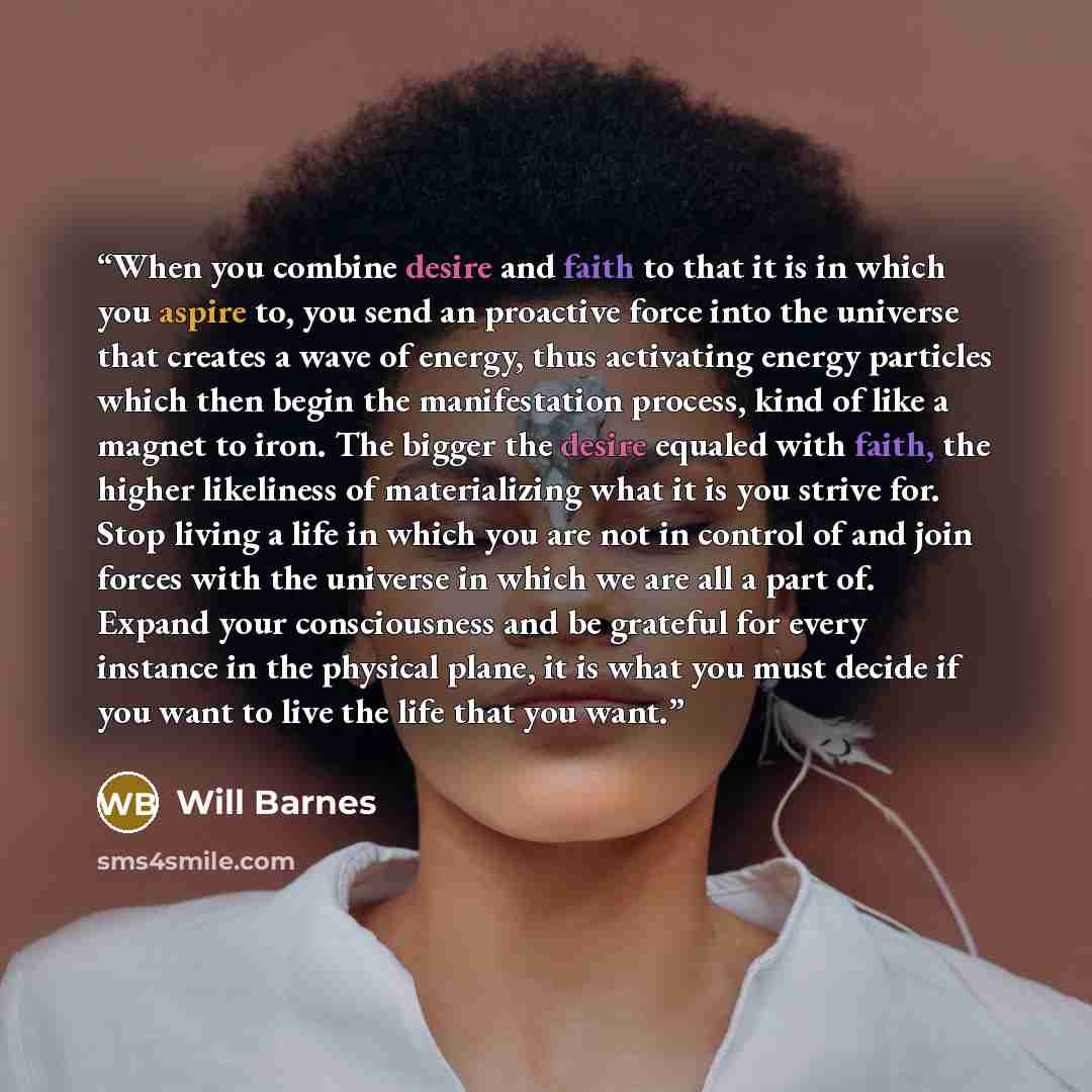 “When you combine desire and faith to that it is in which you aspire to, you send an proactive force into the universe that creates a wave of energy, thus activating energy particles which then begin the manifestation process, kind of like a magnet to iron. The bigger the desire equaled with faith…” quote by Will Barnes