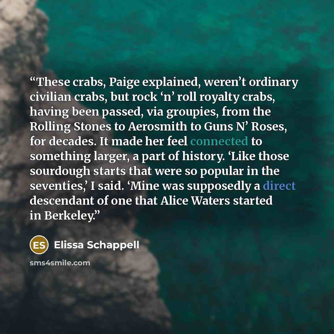 “These crabs, Paige explained, weren’t ordinary civilian crabs, but rock ‘n’ roll royalty crabs, having been passed, via groupies, from the Rolling Stones to Aerosmith to Guns N’ Roses, for decades. It made her feel connected to something larger, a part of history. ‘Like those sourdough starts that…” quote by Elissa Schappell
