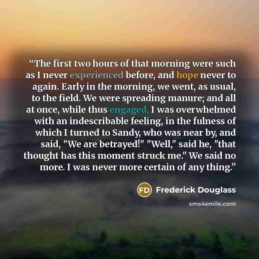 “The first two hours of that morning were such as I never experienced before, and hope never to again. Early in the morning, we went, as usual, to the field. We were spreading manure; and all at once, while thus engaged, I was overwhelmed with an indescribable feeling, in the fulness of which I…” quote by Frederick Douglass