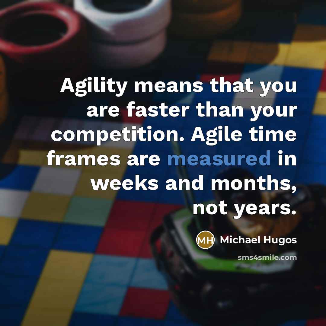 “Agility means that you are faster than your competition. Agile time frames are measured in weeks and months, not years.” quote by Michael Hugos