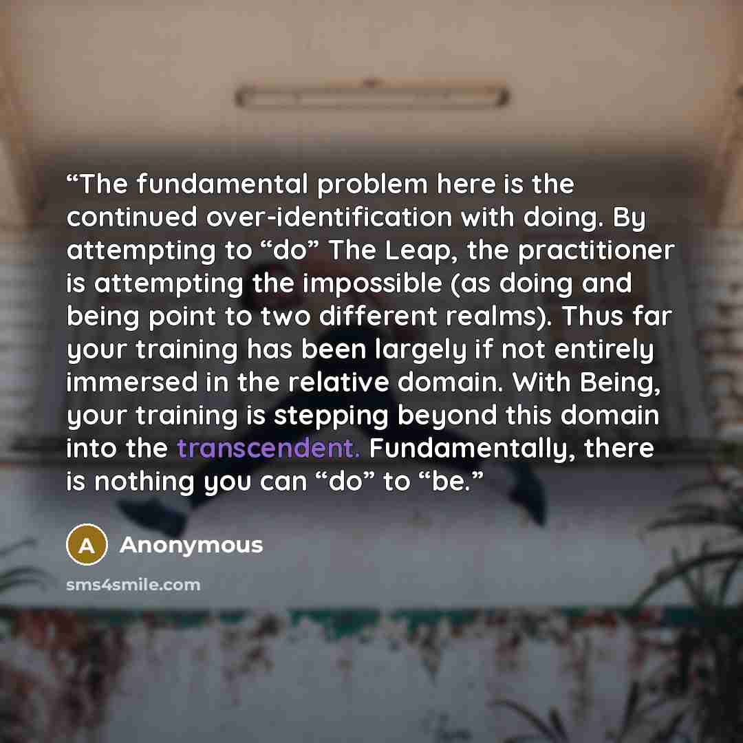 “The fundamental problem here is the continued over-identification with doing. By attempting to “do” The Leap, the practitioner is attempting the impossible (as doing and being point to two different realms). Thus far your training has been largely if not entirely immersed in the relative domain…” quote by Anonymous
