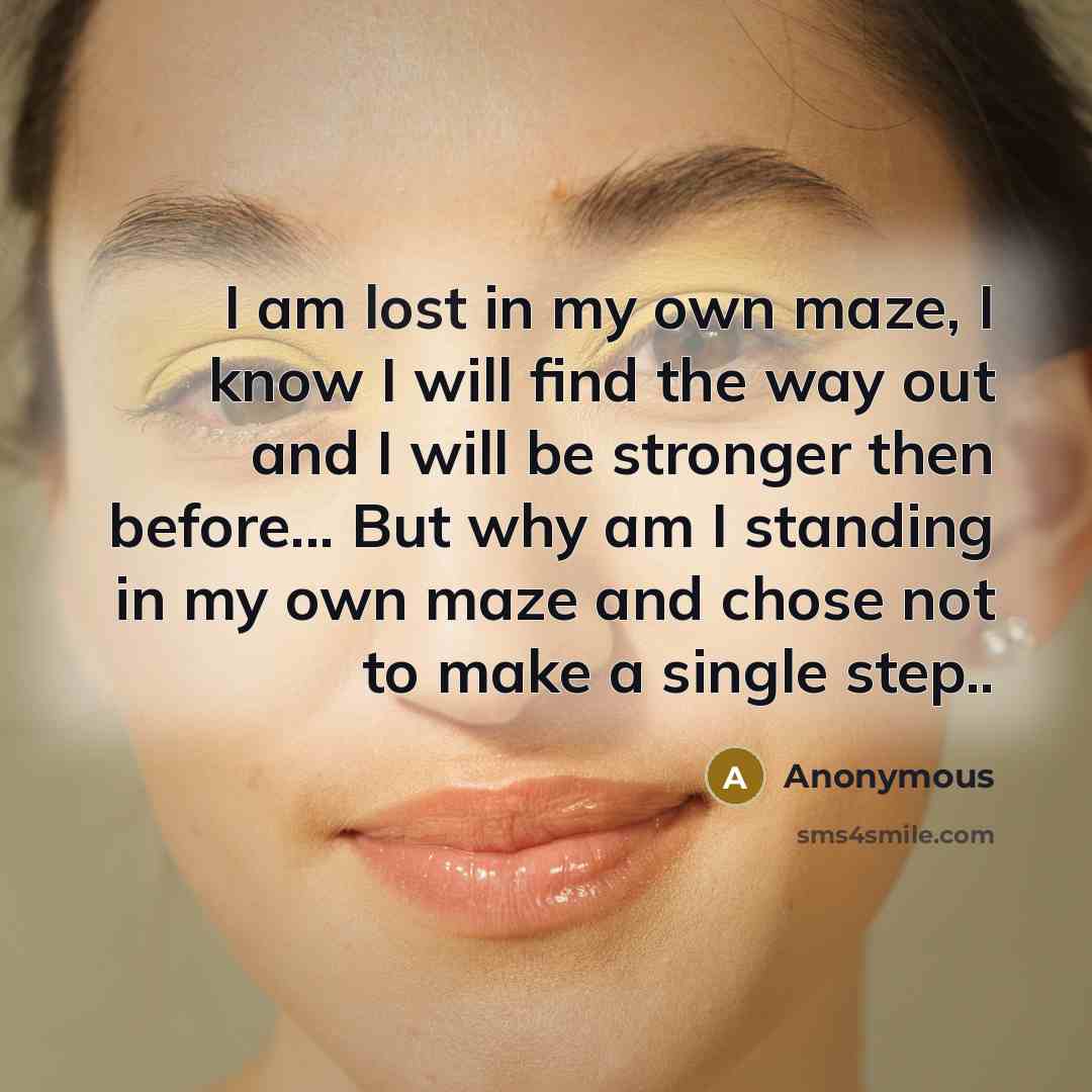 “I am lost in my own maze, I know I will find the way out and I will be stronger then before... But why am I standing in my own maze and chose not to make a single step..” quote by Anonymous