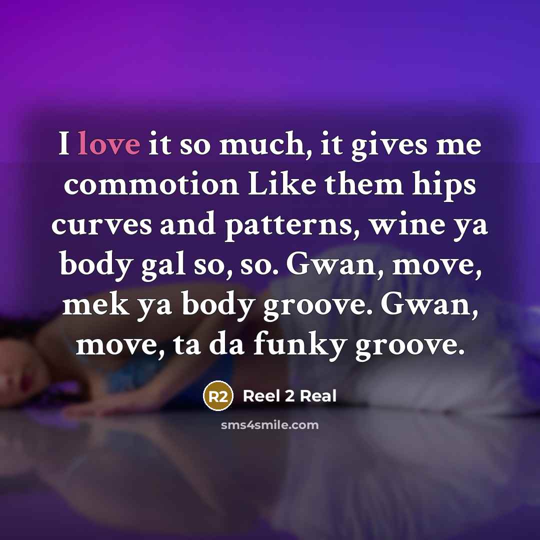 “I love it so much, it gives me commotion Like them hips curves and patterns, wine ya body gal so, so. Gwan, move, mek ya body groove. Gwan, move, ta da funky groove.” quote by Reel 2 Real