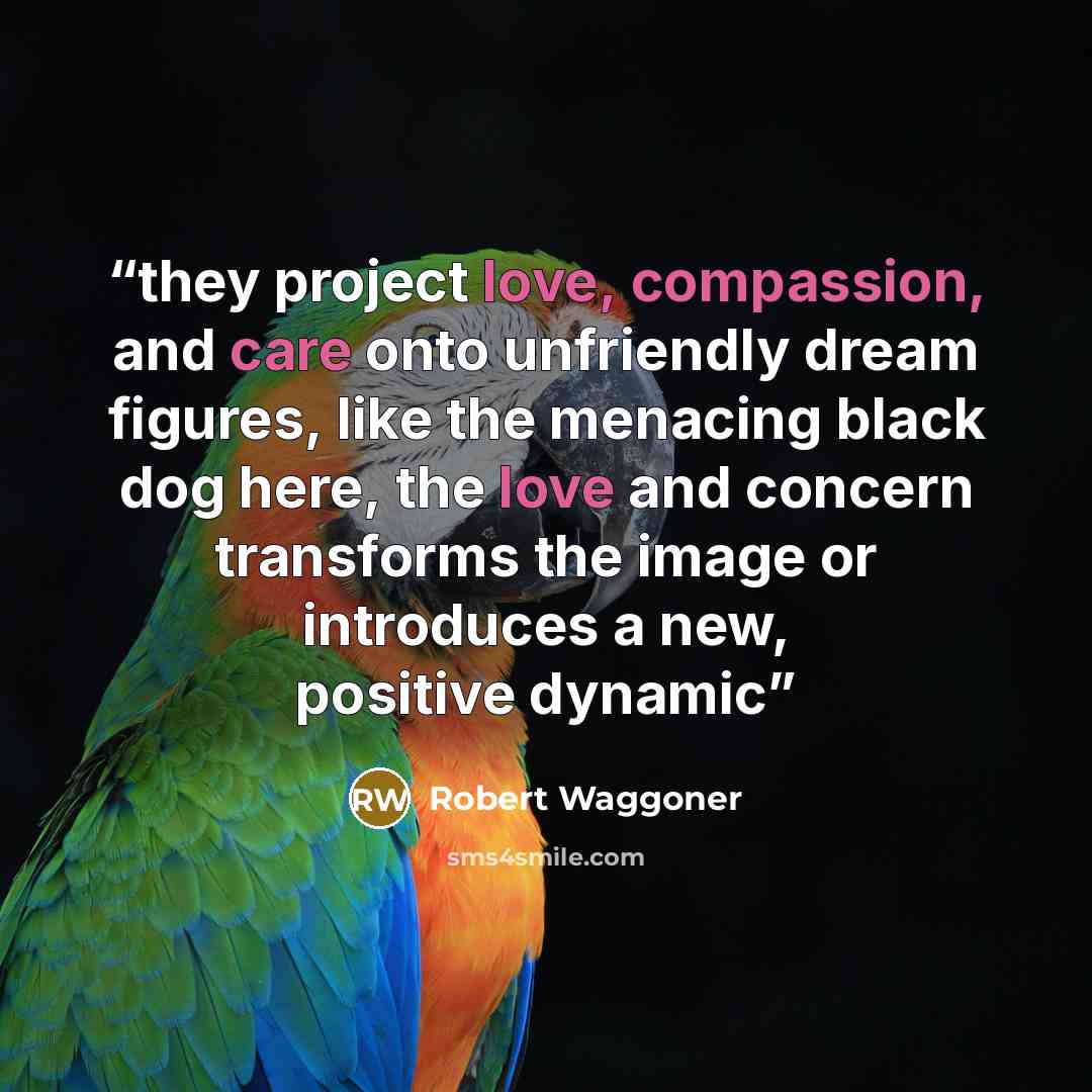 “they project love, compassion, and care onto unfriendly dream figures, like the menacing black dog here, the love and concern transforms the image or introduces a new, positive dynamic” quote by Robert Waggoner
