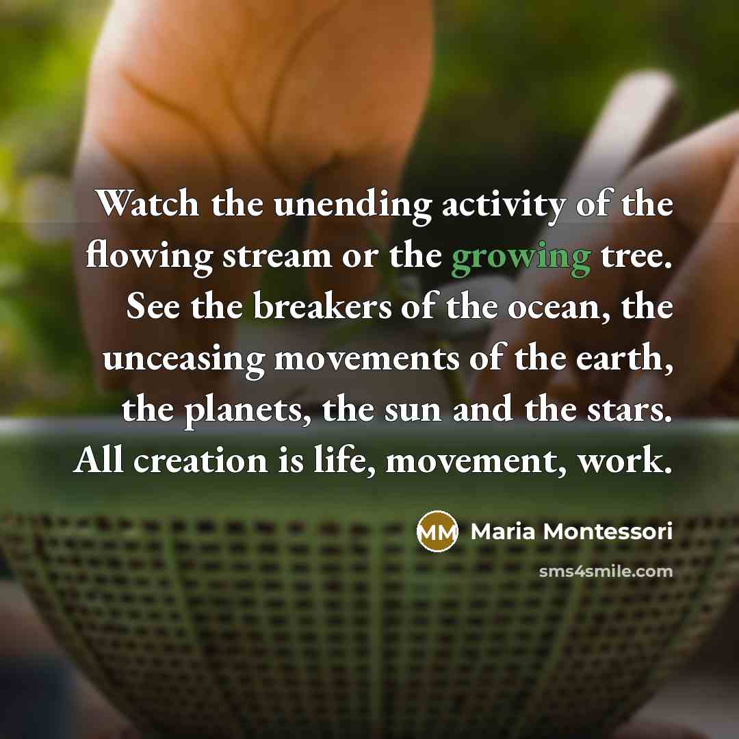 “Watch the unending activity of the flowing stream or the…” quote by Maria Montessori