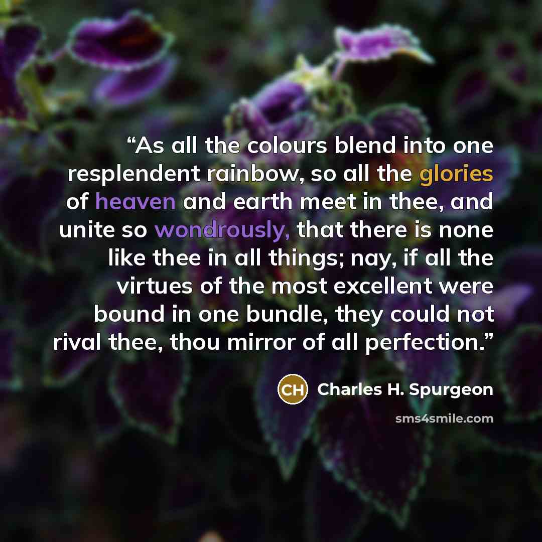 “As all the colours blend into one resplendent rainbow, so all the glories of heaven and earth meet in thee, and unite so wondrously, that there is none like thee in all things; nay, if all the virtues of the most excellent were bound in one bundle, they could not rival thee, thou mirror of all…” quote by Charles H. Spurgeon