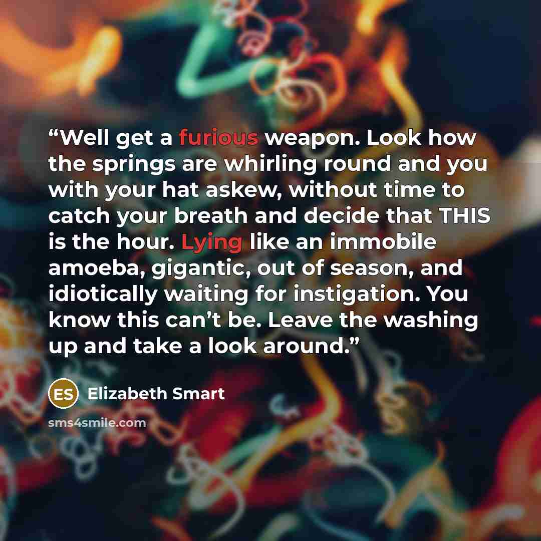 “Well get a furious weapon. Look how the springs are whirling round and you with your hat askew, without time to catch your breath and decide that THIS is the hour. Lying like an immobile amoeba, gigantic, out of season, and idiotically waiting for instigation. You know this can’t be. Leave the…” quote by Elizabeth Smart