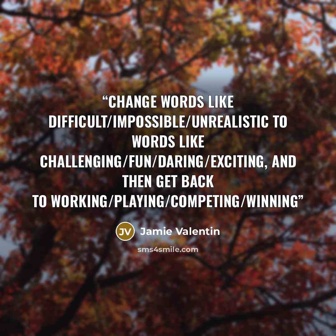 “Change words like difficult/impossible/unrealistic to words like challenging/fun/daring/exciting, and then get back to working/playing/competing/winning” quote by Jamie Valentin