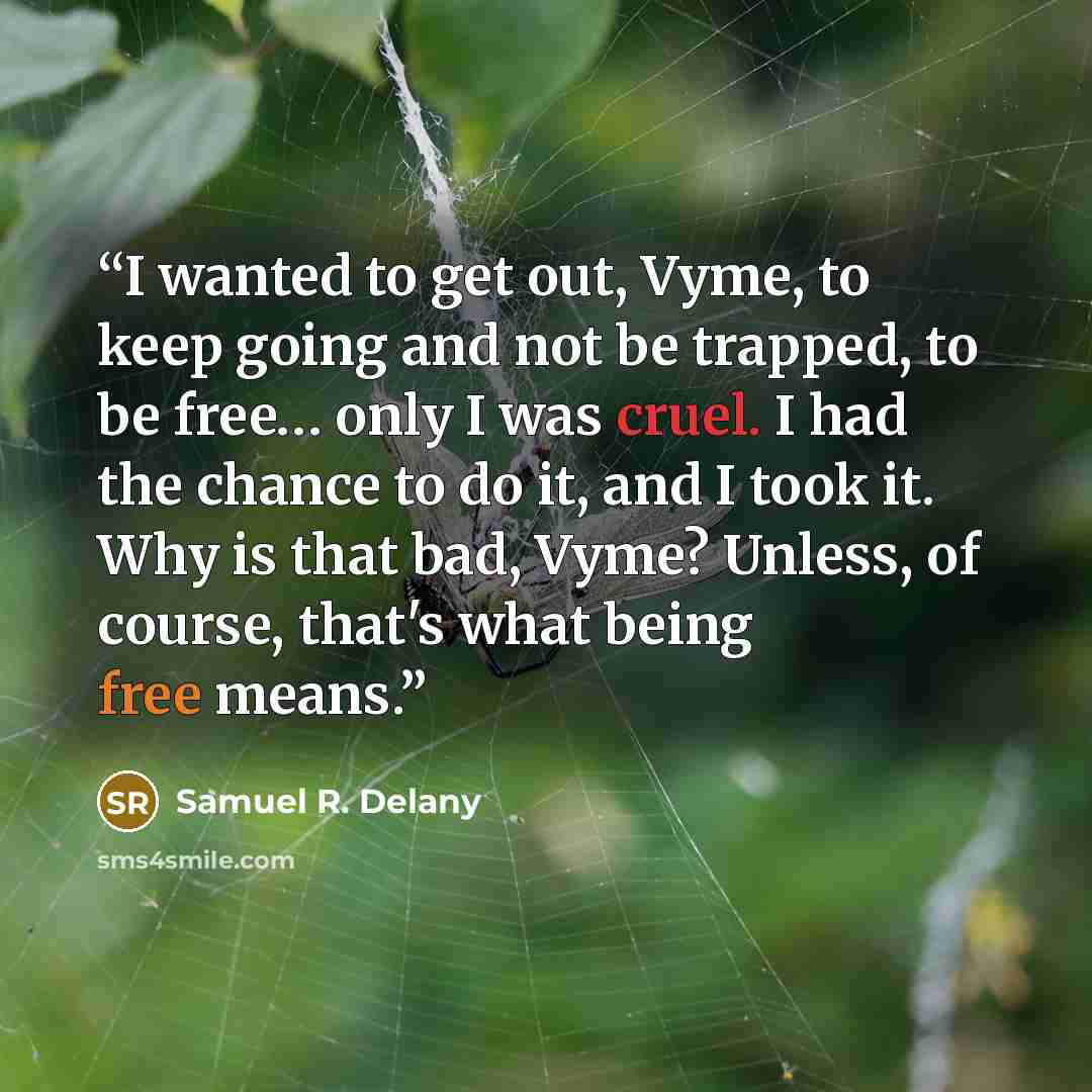 “I wanted to get out, Vyme, to keep going and not be trapped, to be free… only I was cruel. I had the chance to do it, and I took it. Why is that bad, Vyme? Unless, of course, that's what being free means.” quote by Samuel R. Delany