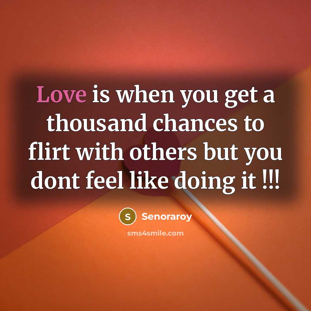 “Love is when you get a thousand chances to flirt with others but you dont feel like doing it !!!” quote by Senoraroy