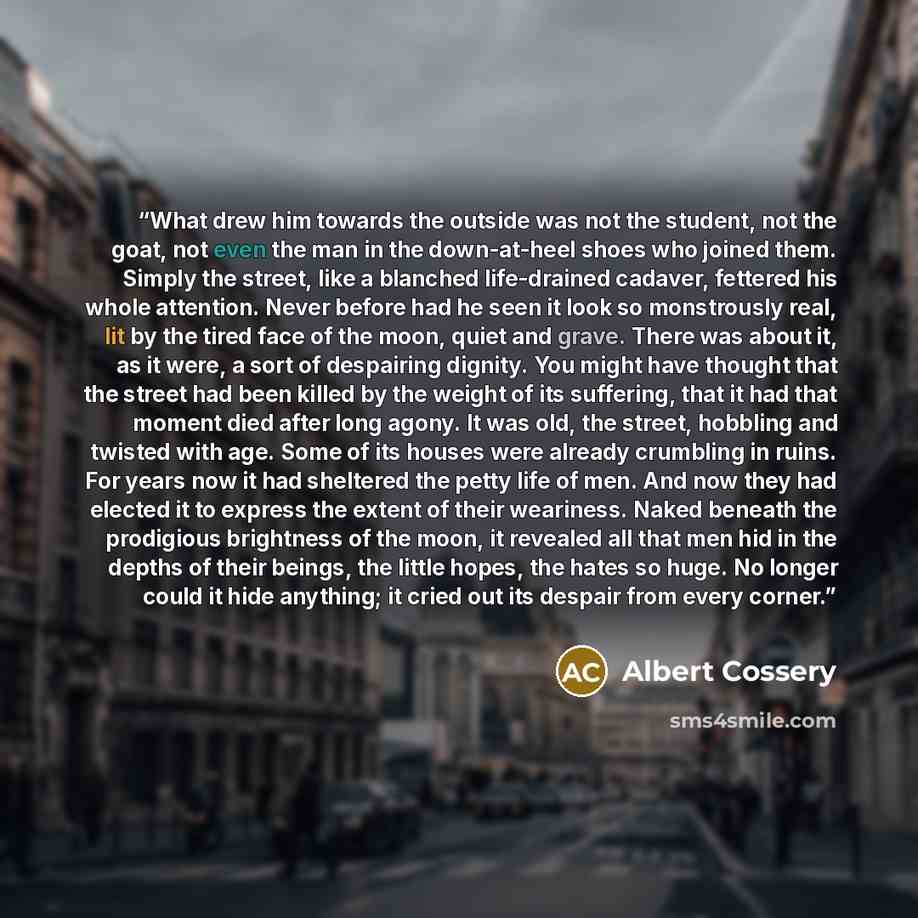 “What drew him towards the outside was not the student, not the goat, not even the man in the down-at-heel shoes who joined them. Simply the street, like a blanched life-drained cadaver, fettered his whole attention. Never before had he seen it look so monstrously real, lit by the tired face of the…” quote by Albert Cossery