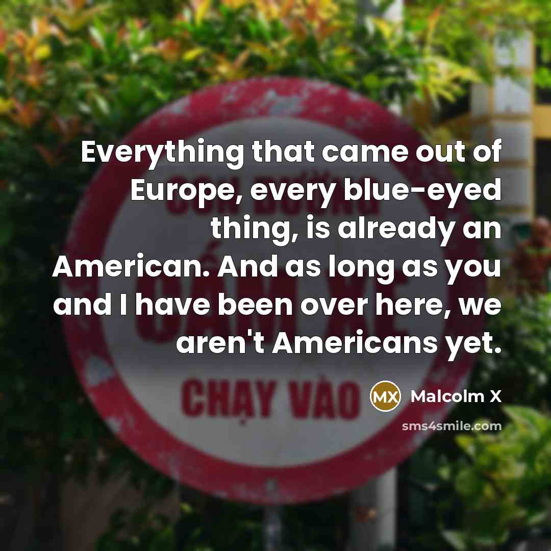 “Everything that came out of Europe, every blue-eyed thing, is already an American. And as long as you and I have been over here, we aren't Americans yet.” quote by Malcolm X