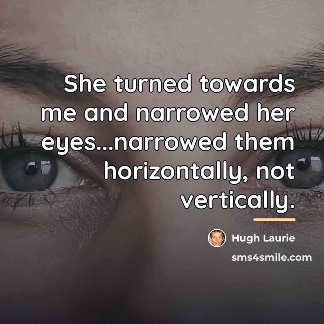 “She turned towards me and narrowed her eyes...narrowed them horizontally,…” quote by Hugh Laurie