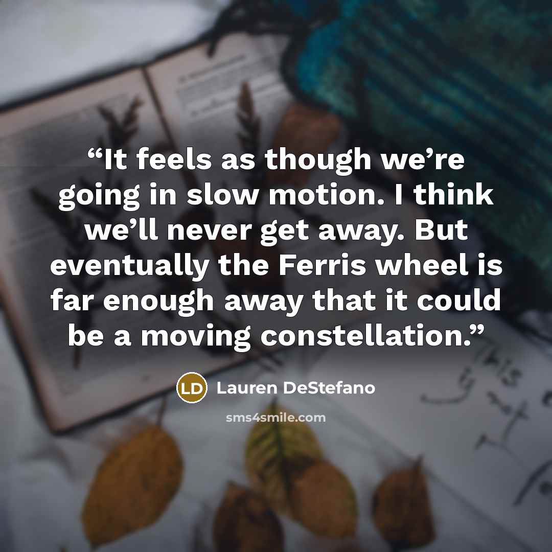 “It feels as though we’re going in slow motion. I think we’ll never get away. But eventually the Ferris wheel is far enough away that it could be a moving constellation.” quote by Lauren DeStefano