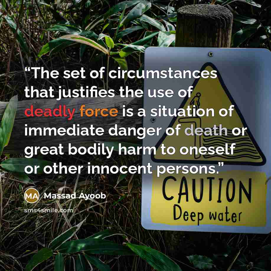 “The set of circumstances that justifies the use of deadly force is a situation of immediate danger of death or great bodily harm to oneself or other innocent persons.” quote by Massad Ayoob