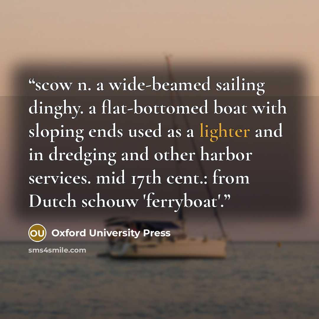 “scow n. a wide-beamed sailing dinghy. a flat-bottomed boat with sloping ends used as a lighter and in dredging and other harbor services. mid 17th cent.: from Dutch schouw 'ferryboat'.” quote by Oxford University Press