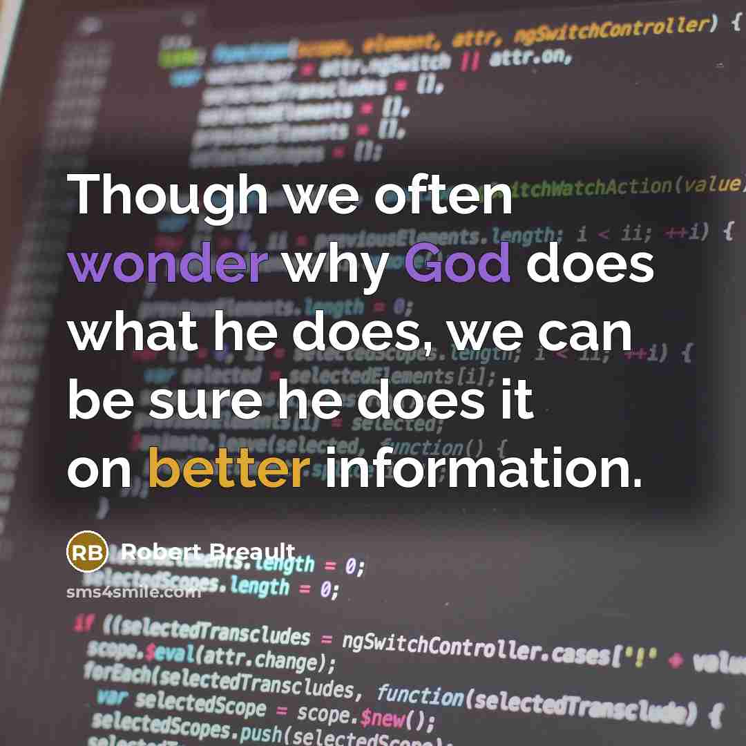 “Though we often wonder why God does what he does, we can be sure he does it on better information.” quote by Robert Breault