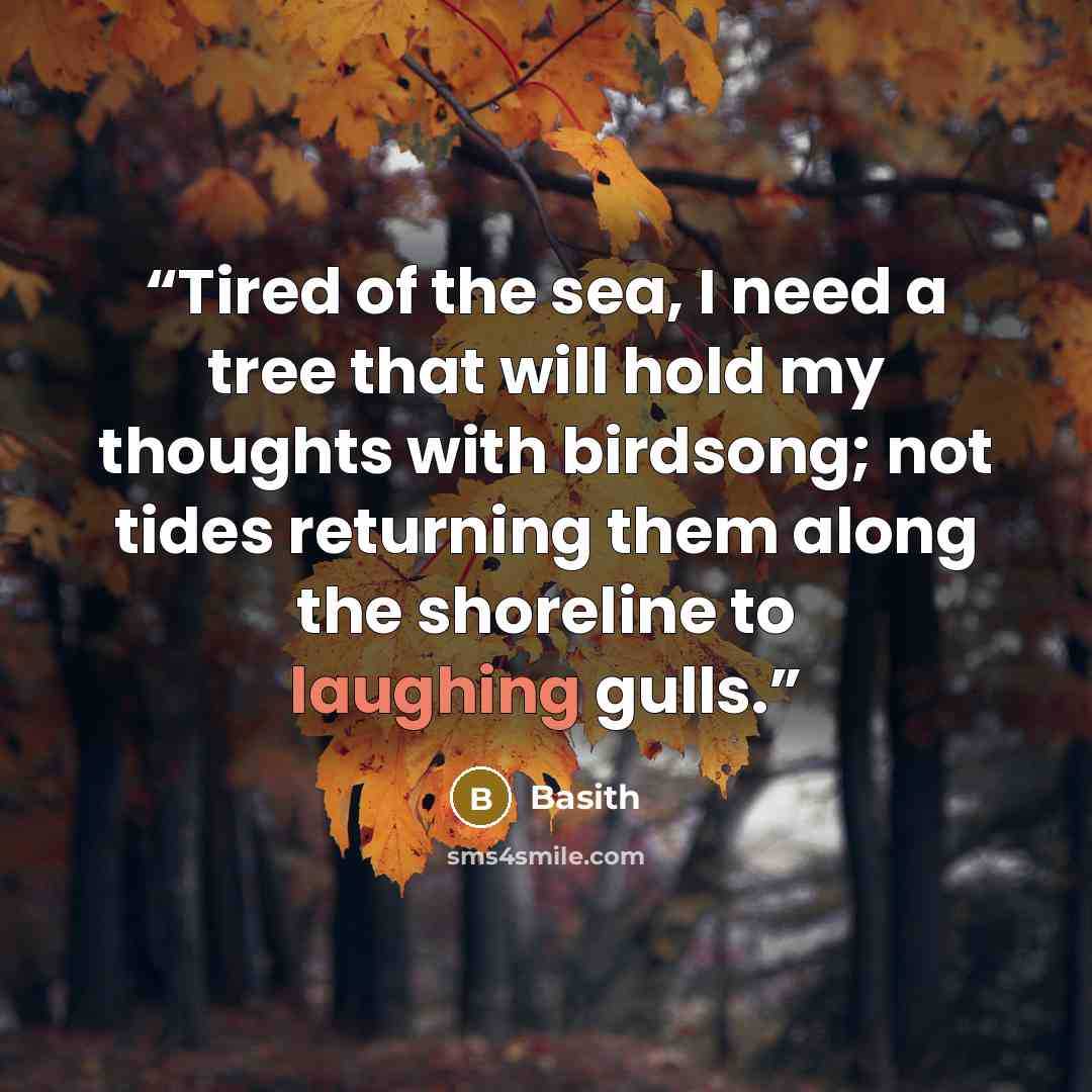 “Tired of the sea, I need a tree that will hold my thoughts with birdsong; not tides returning them along the shoreline to laughing gulls.” quote by Basith