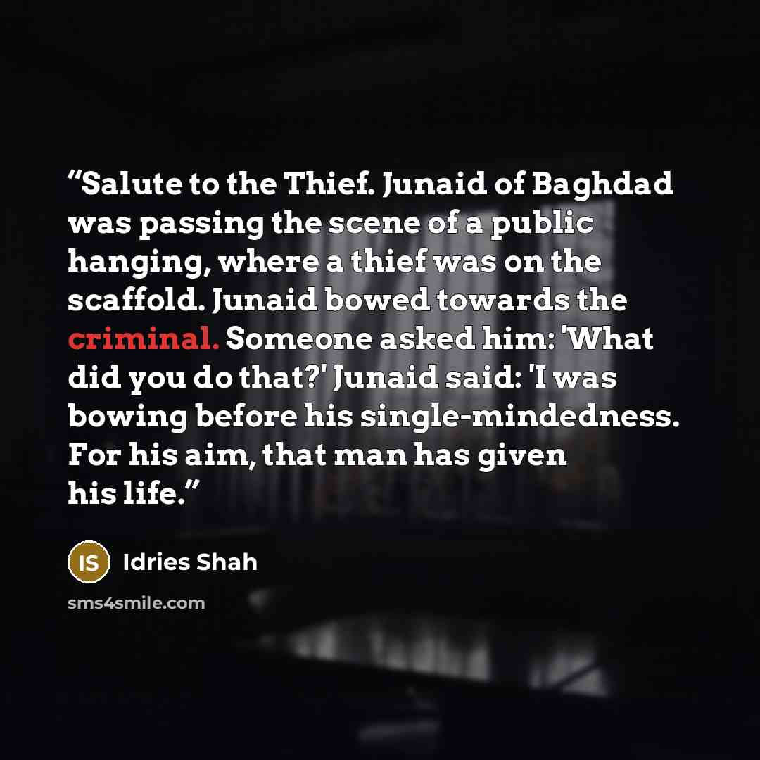 “Salute to the Thief. Junaid of Baghdad was passing the scene of a public hanging, where a thief was on the scaffold. Junaid bowed towards the criminal. Someone asked him: 'What did you do that?' Junaid said: 'I was bowing before his single-mindedness. For his aim, that man has given his life.” quote by Idries Shah