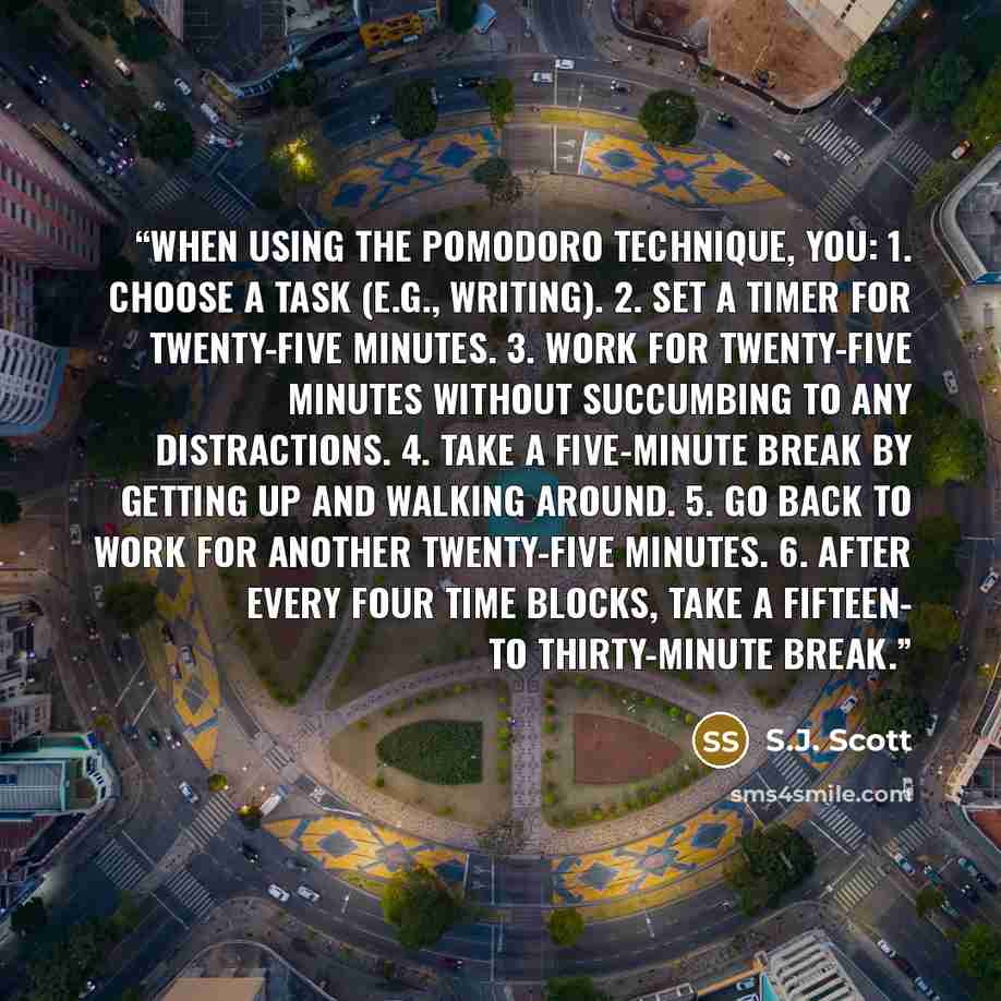 “When using the Pomodoro Technique, you: 1. Choose a task (e.g., writing). 2. Set a timer for twenty-five minutes. 3. Work for twenty-five minutes without succumbing to any distractions. 4. Take a five-minute break by getting up and walking around. 5. Go back to work for another twenty-five…” quote by S.J. Scott