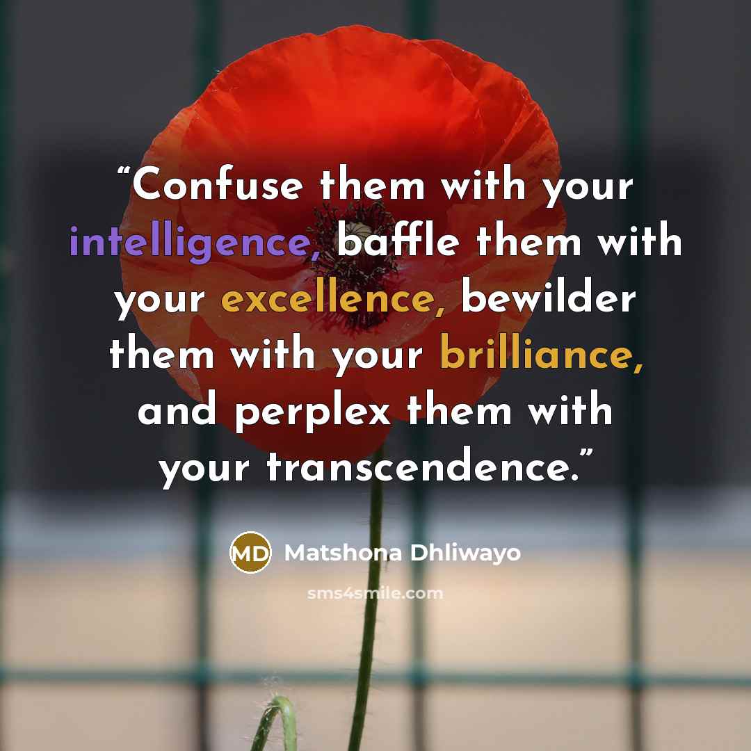 “Confuse them with your intelligence, baffle them with your excellence, bewilder them with your brilliance, and perplex them with your transcendence.” quote by Matshona Dhliwayo