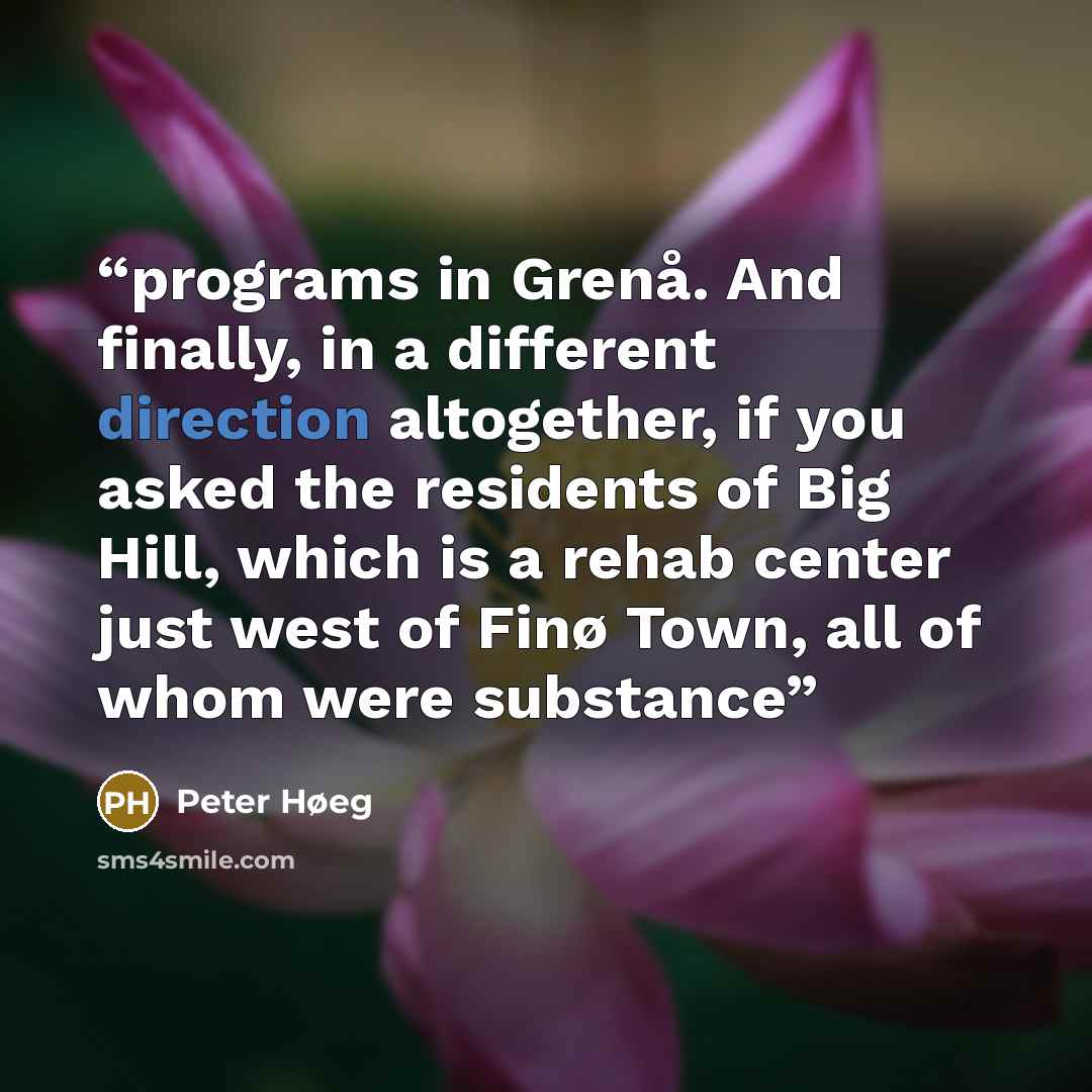 “programs in Grenå. And finally, in a different direction altogether, if you asked the residents of Big Hill, which is a rehab center just west of Finø Town, all of whom were substance” quote by Peter Høeg