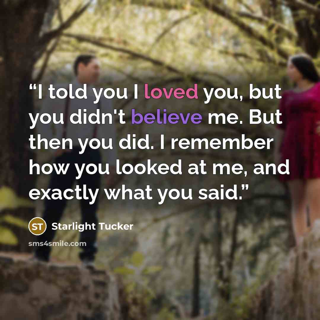 “I told you I loved you, but you didn't believe me. But then you did. I remember how you looked at me, and exactly what you said.” quote by Starlight Tucker