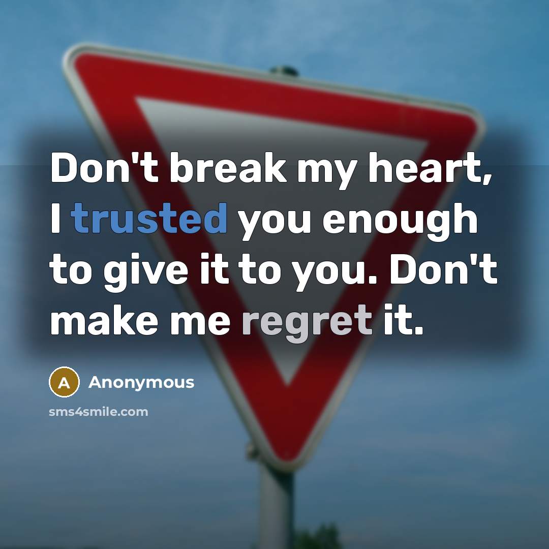 “Don't break my heart, I trusted you enough to give it to you. Don't make me regret it.” quote by Anonymous