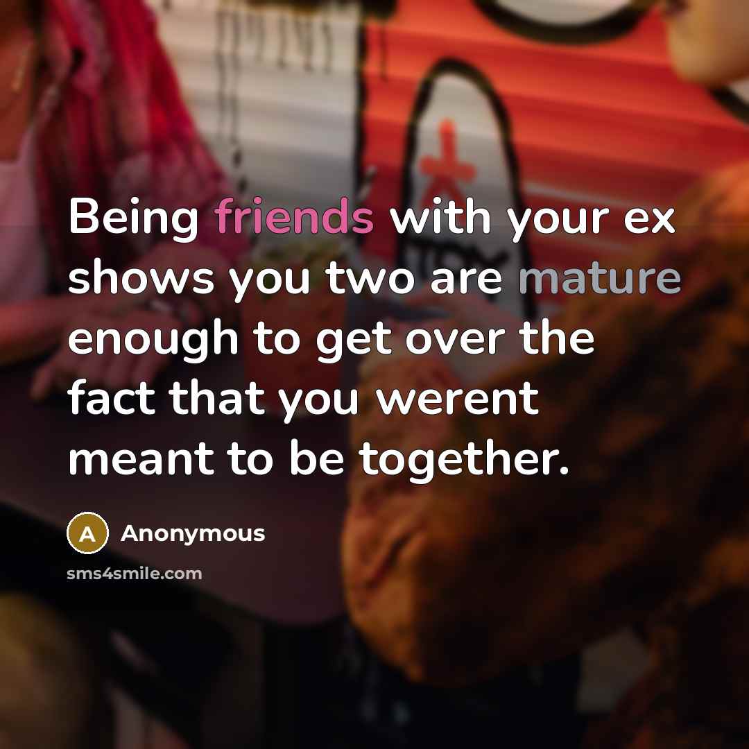 “Being friends with your ex shows you two are mature enough to get over the fact that you werent meant to be together.” quote by Anonymous