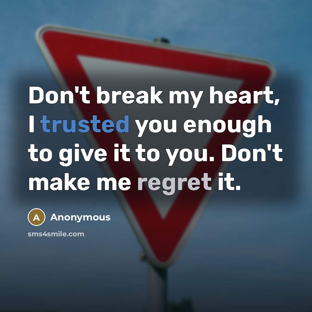 “Don't break my heart, I trusted you enough to give it to you. Don't make me regret it.” quote by Anonymous