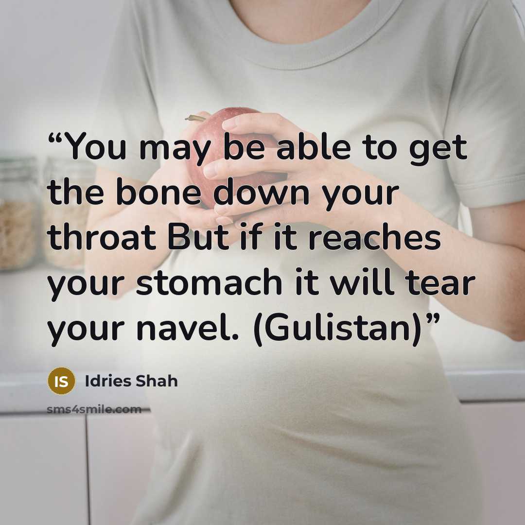 “You may be able to get the bone down your throat But if it reaches your stomach it will tear your navel. (Gulistan)” quote by Idries Shah
