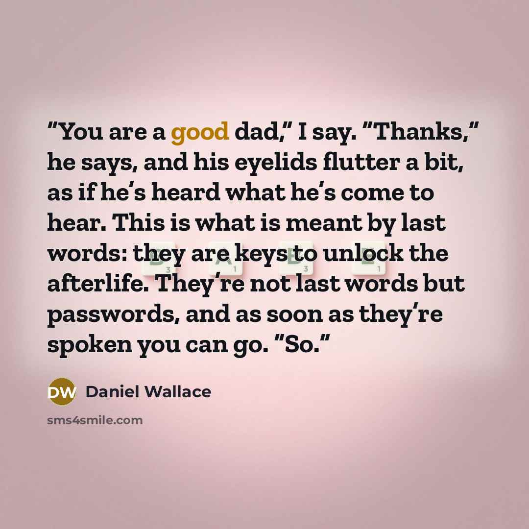“You are a good dad,” I say. “Thanks,” he says, and his eyelids flutter a bit, as if he’s heard what he’s come to hear. This is what is meant by last words: they are keys to unlock the afterlife. They’re not last words but passwords, and as soon as they’re spoken you can go. “So.” quote by Daniel Wallace
