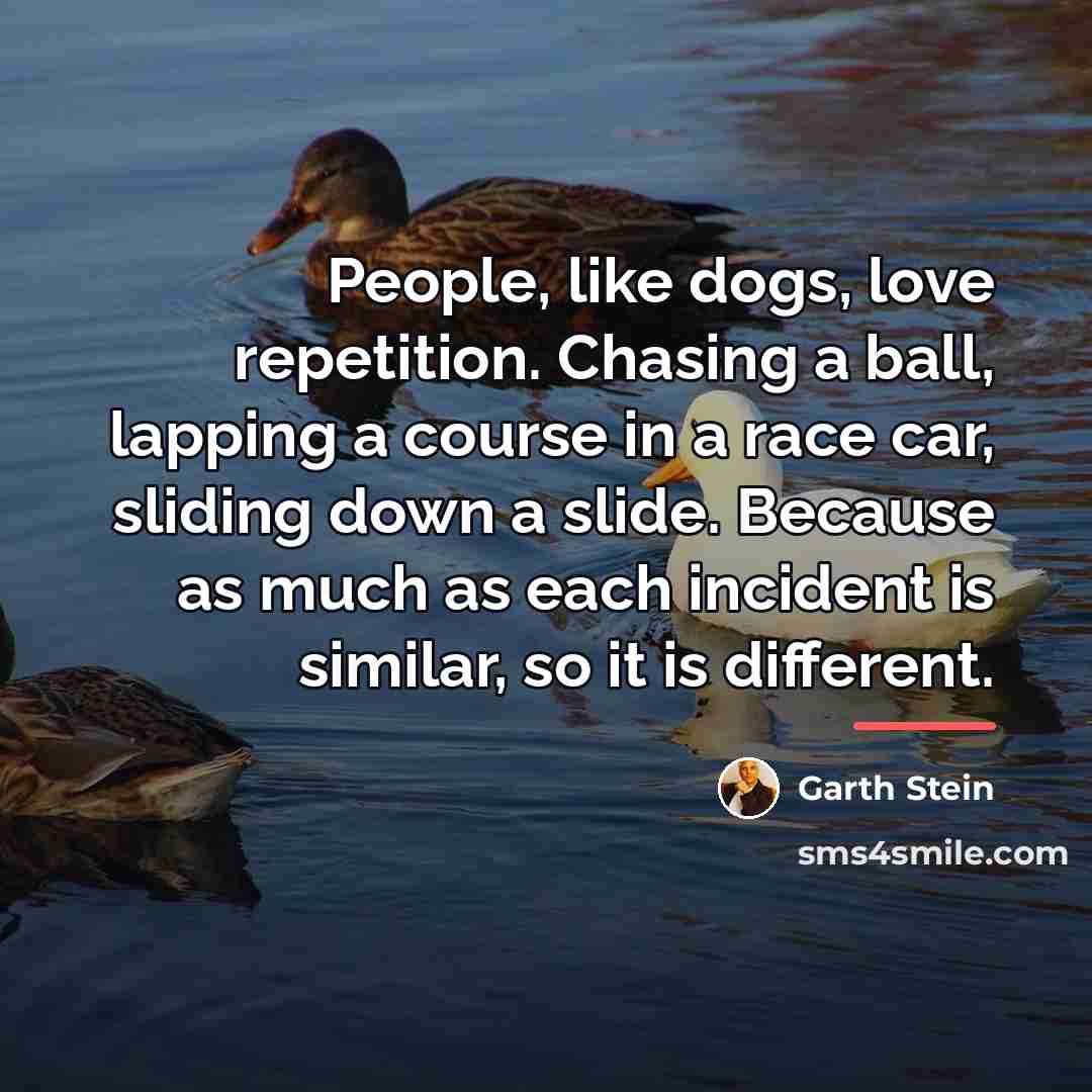 “People, like dogs, love repetition. Chasing a ball, lapping a…” quote by Garth Stein