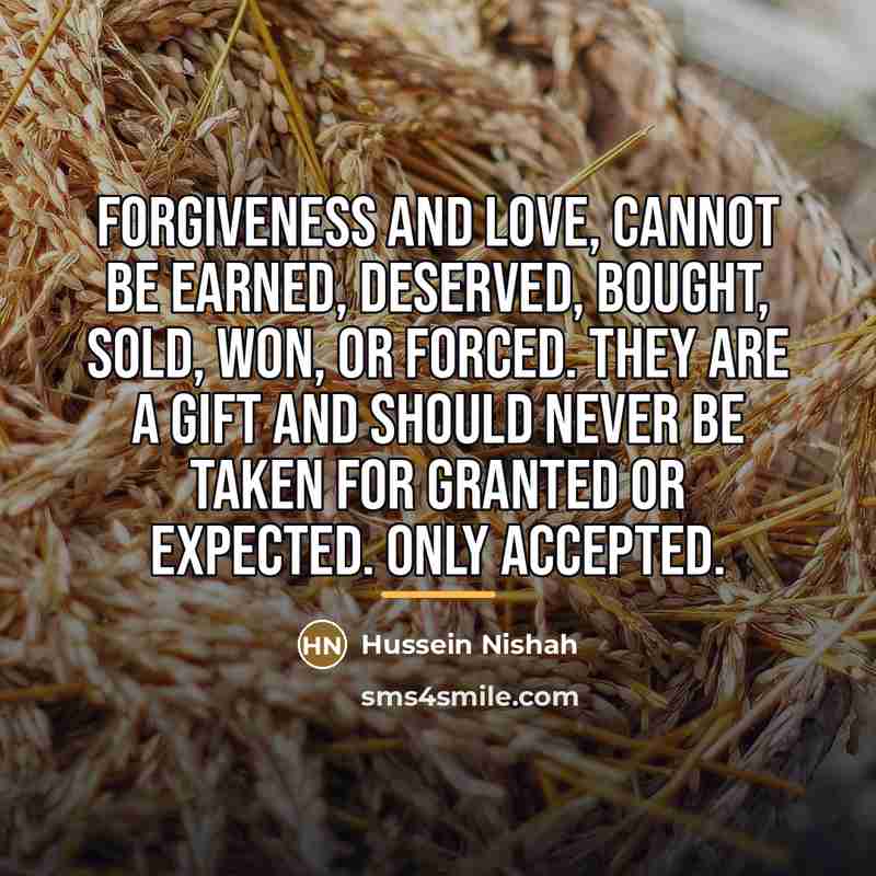 “Forgiveness and love, cannot be earned, deserved, bought, sold, won,…” quote by Hussein Nishah