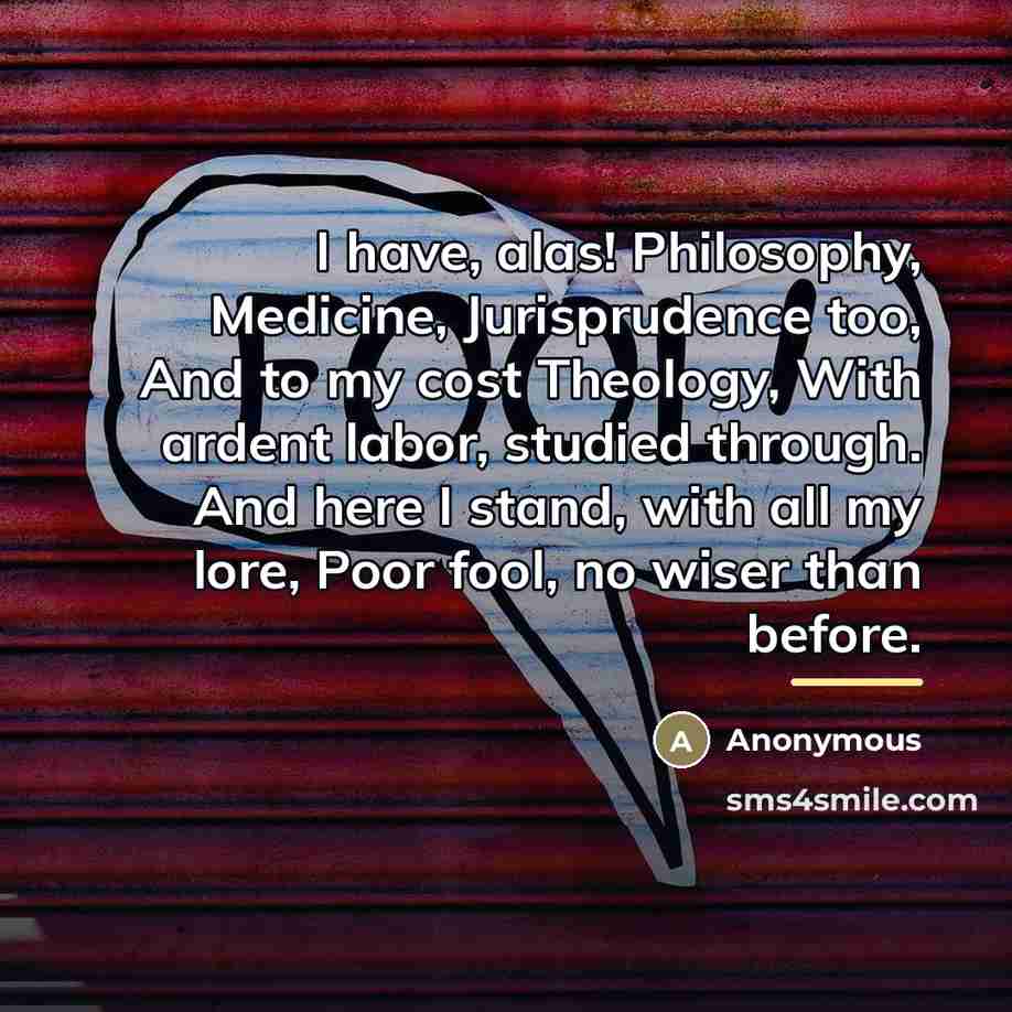 “I have, alas! Philosophy, Medicine, Jurisprudence too, And to my…” quote by Anonymous