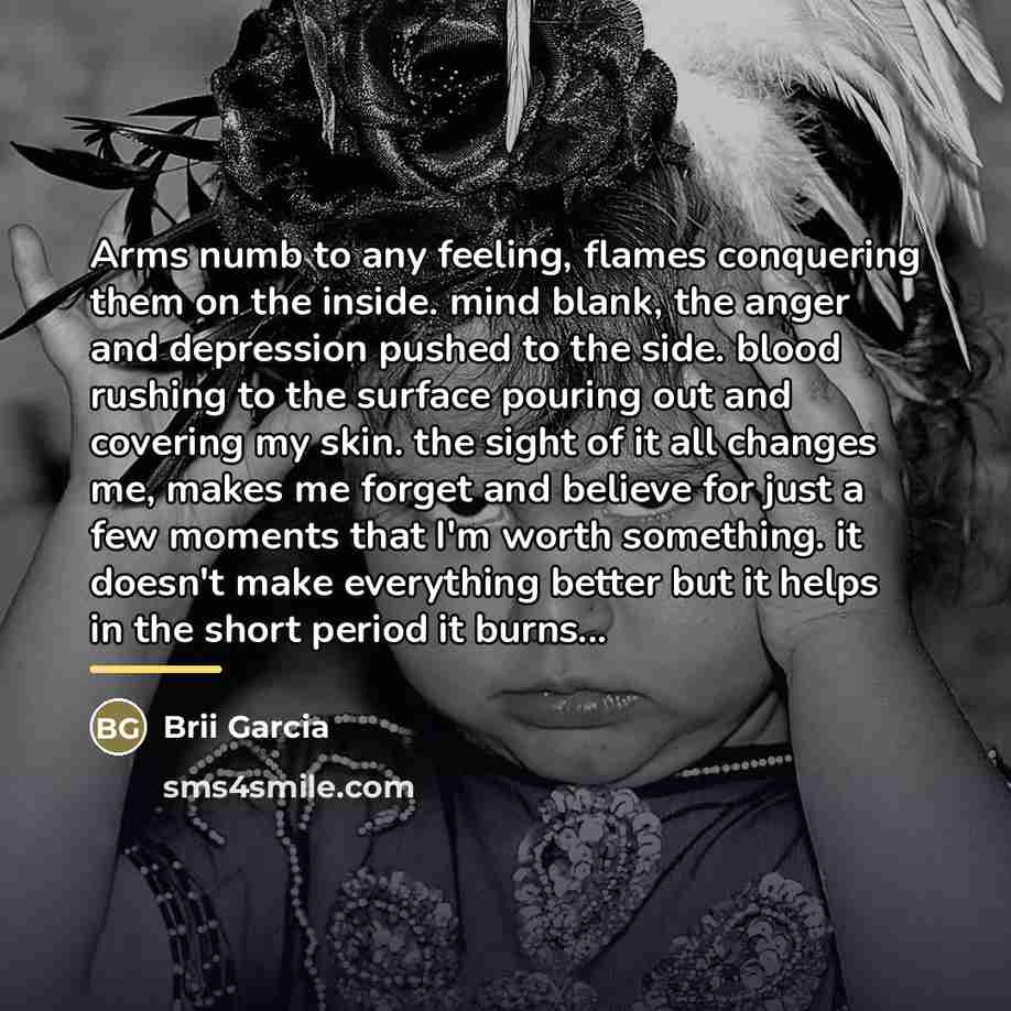 “Arms numb to any feeling, flames conquering them on the…” quote by Brii Garcia