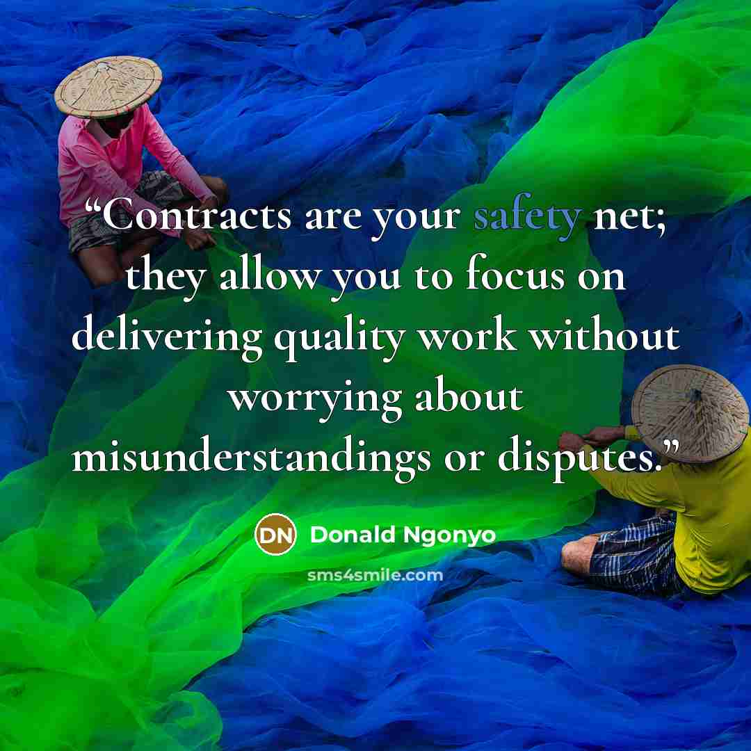 “Contracts are your safety net; they allow you to focus on delivering quality work without worrying about misunderstandings or disputes.” quote by Donald Ngonyo