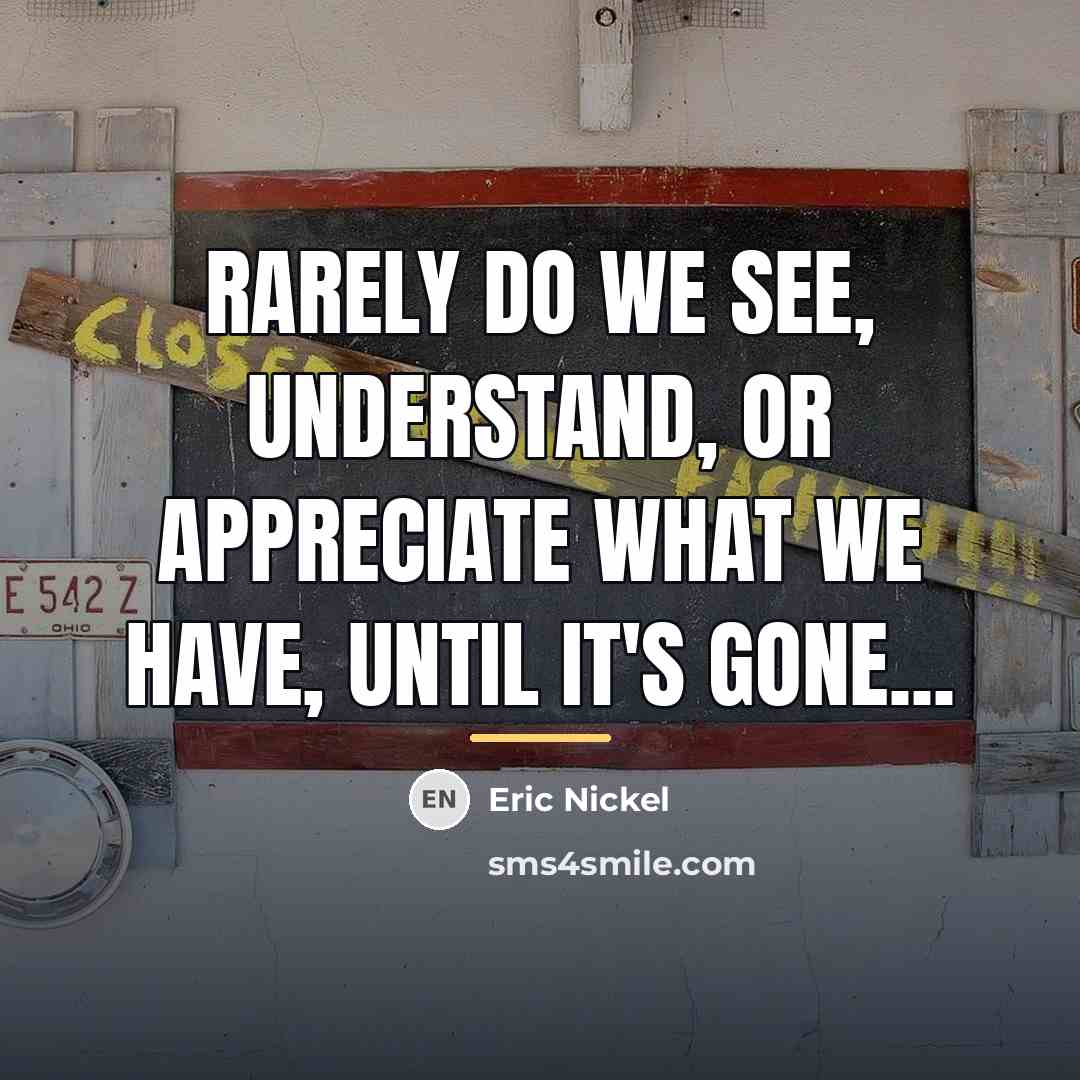 “Rarely do we see, understand, or appreciate what we have,…” quote by Eric Nickel