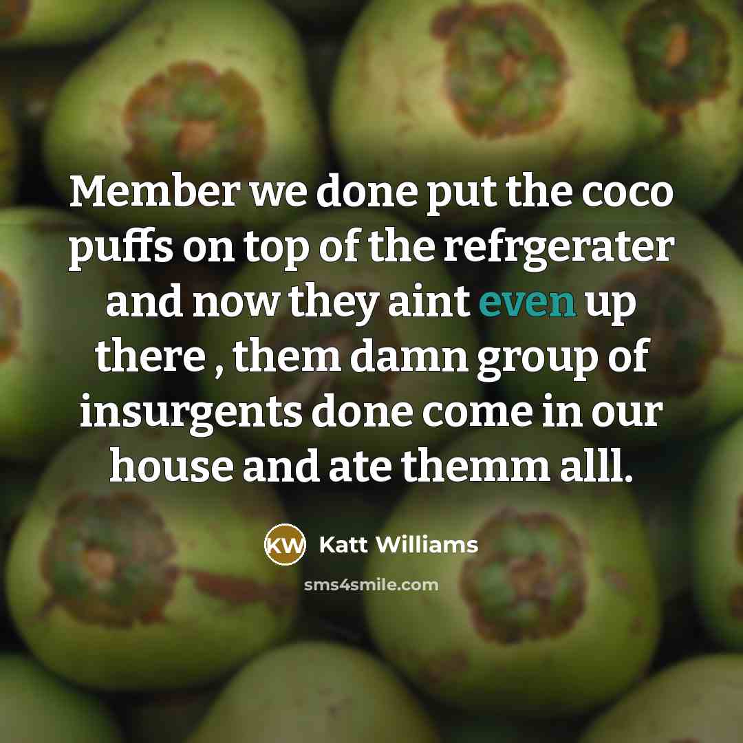 “Member we done put the coco puffs on top of the refrgerater and now they aint even up there , them damn group of insurgents done come in our house and ate themm alll.” quote by Katt Williams