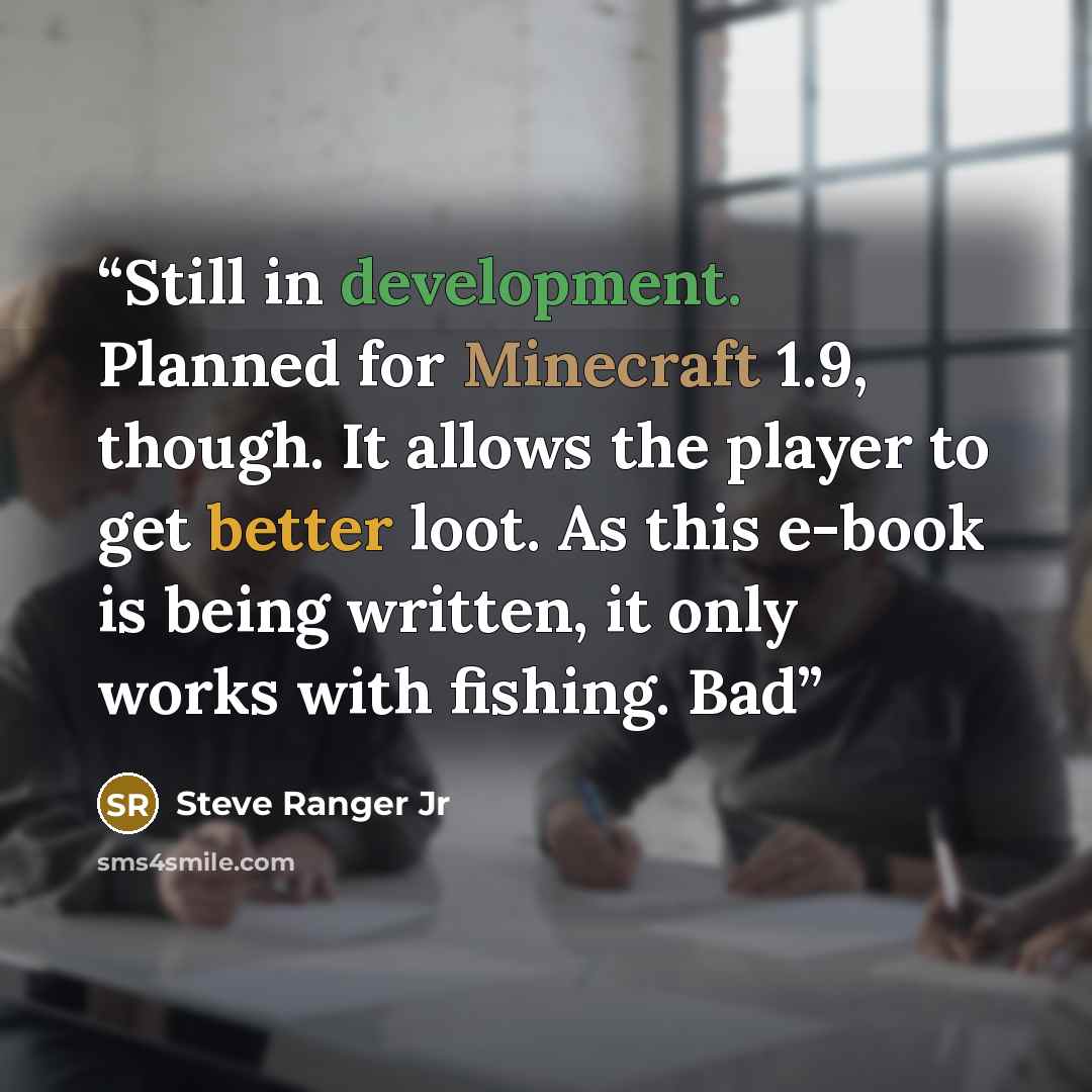 “Still in development. Planned for Minecraft 1.9, though. It allows the player to get better loot. As this e-book is being written, it only works with fishing. Bad” quote by Steve Ranger Jr