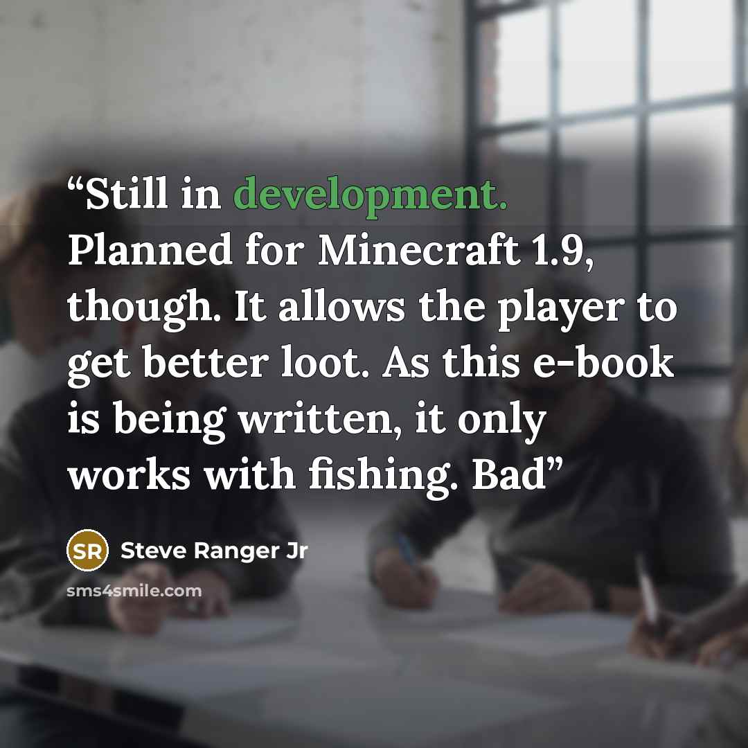 “Still in development. Planned for Minecraft 1.9, though. It allows the player to get better loot. As this e-book is being written, it only works with fishing. Bad” quote by Steve Ranger Jr