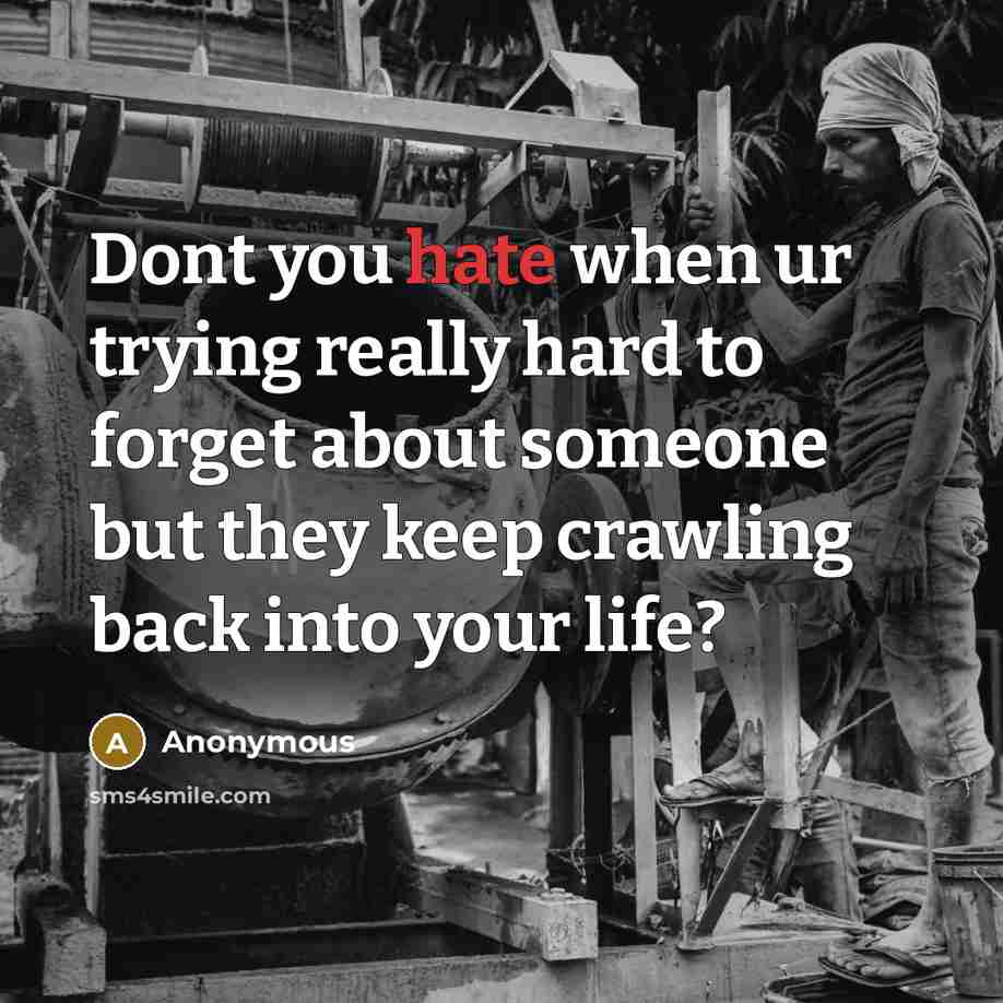“Dont you hate when ur trying really hard to forget about someone but they keep crawling back into your life?” quote by Anonymous