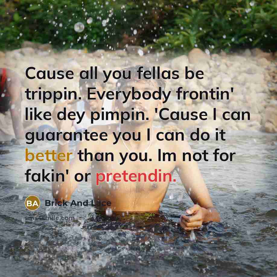 “Cause all you fellas be trippin. Everybody frontin' like dey pimpin. 'Cause I can guarantee you I can do it better than you. Im not for fakin' or pretendin.” quote by Brick And Lace